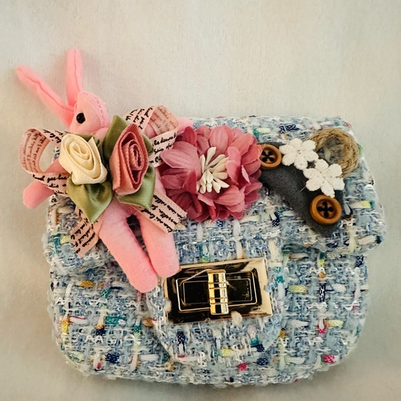 Chic Blue Tweed Floral Crossbody Bag - Picture 3 of 6